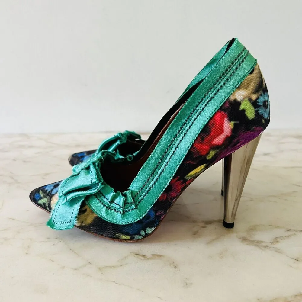 2010 LANVIN x H&M Green Floral Print Bow Mirrored Heels Pumps - EUR 38 / US 7